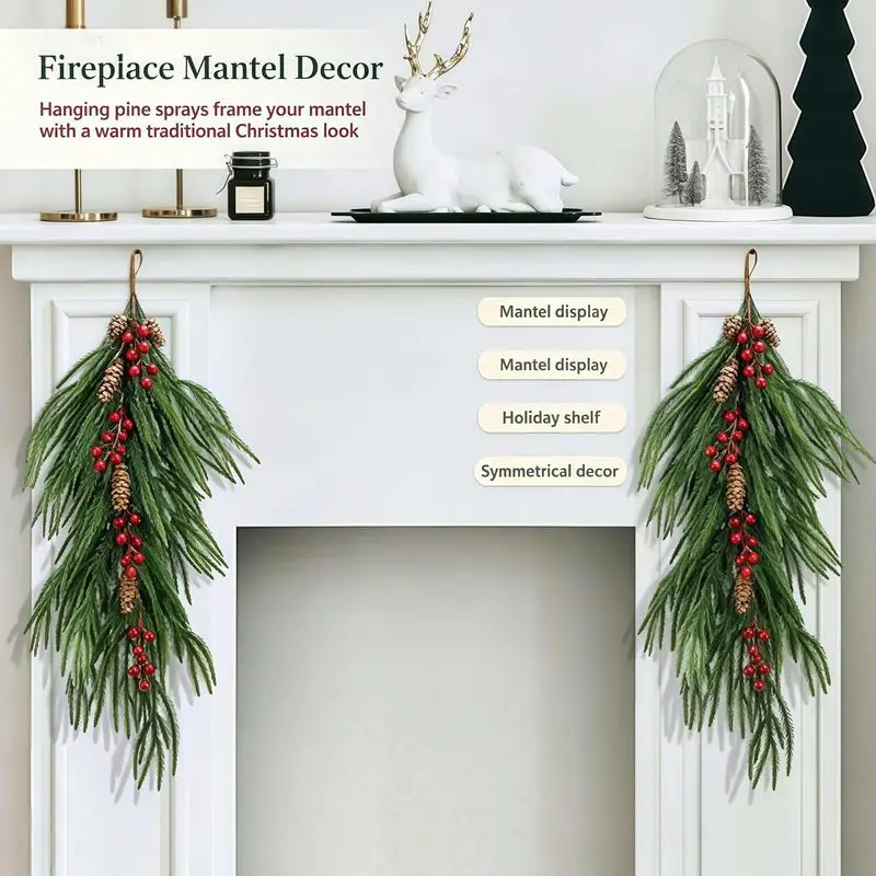 1PCS Artificial Pine Hanging Sprays with Red Berries & Natural Pinecones, Christmas Greenery Picks for Mantel Staircase