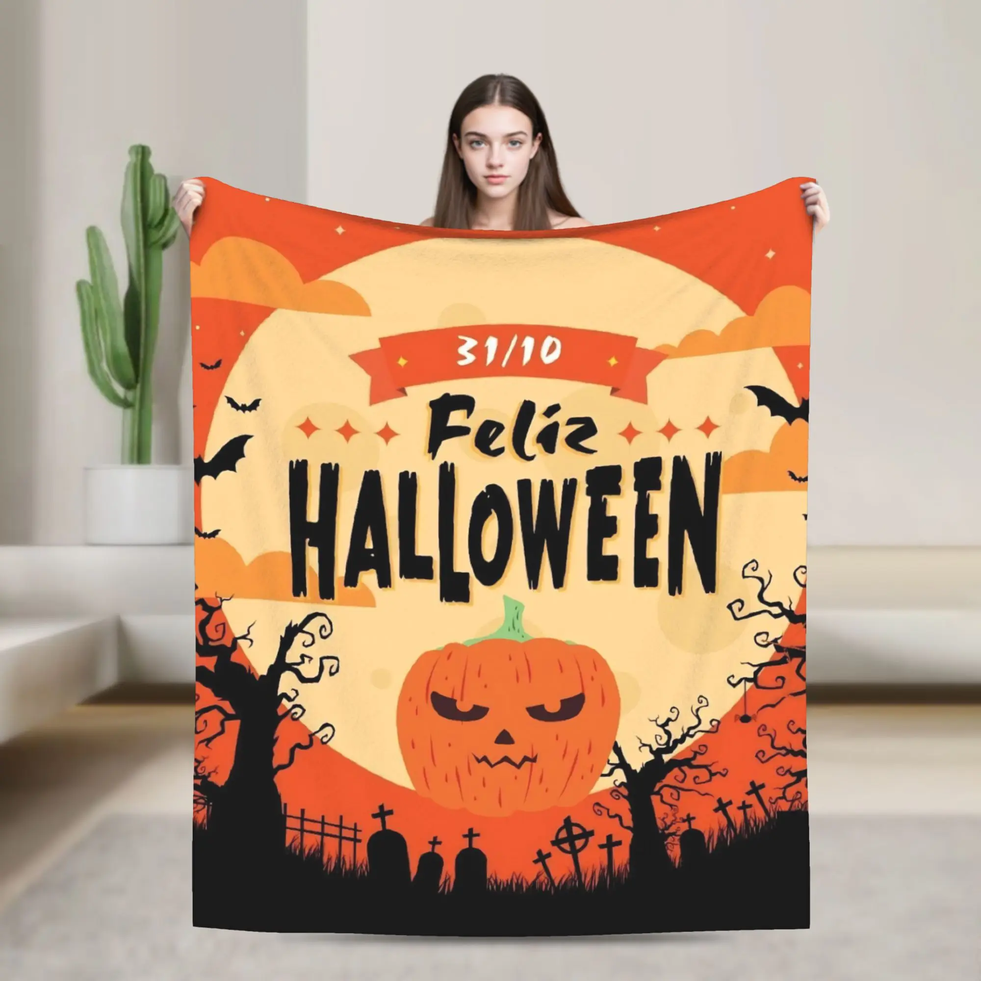 Horror Pumpkin Halloween Blankets Fleece Air Conditioning Death Cross Multi-function Soft Throw Blankets for Bed Bedding Throws