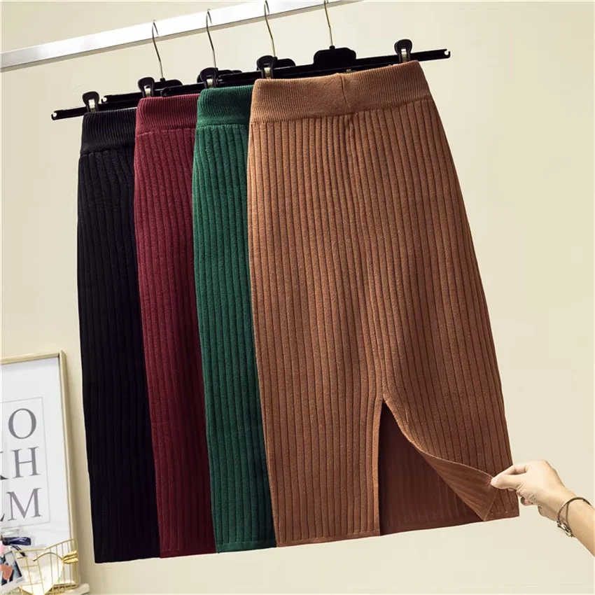 

Gowyimmes 2025 Big Size Fashion Women Midi-Long Knitted Skirt Slim All-match Lady High Waist Hip Package Skirts Bottomings P1837