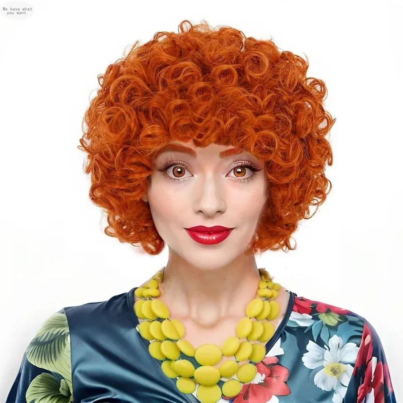 

Red Orange Curly Wig for Women Landlady Costume Short Reddish Orange Fluffy Synthetic Wigs Mrs Roper Cosplay Halloween Party