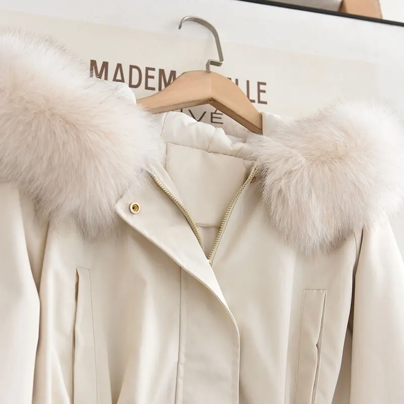 Detachable Inner  Cotton Jacket Hooded Waist Cinching Large Fur Collar Parka Versatile Women's Winter Outerwear