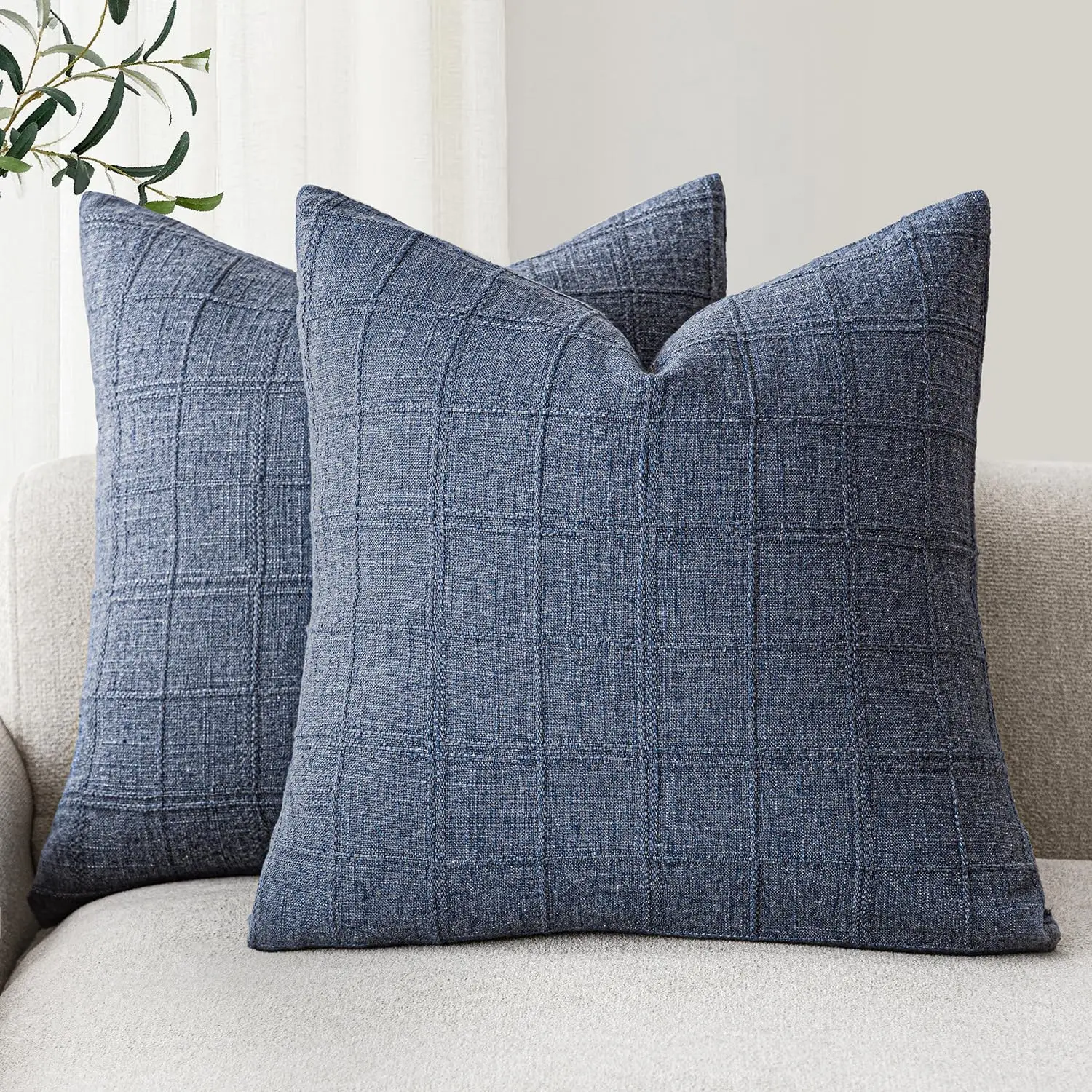 

Set of 2 Linen Boho Check Throw Pillow Covers Neutral Farmhouse Vintage Cushion Covers Home Decor for Sofa Chair Couch Bedroom