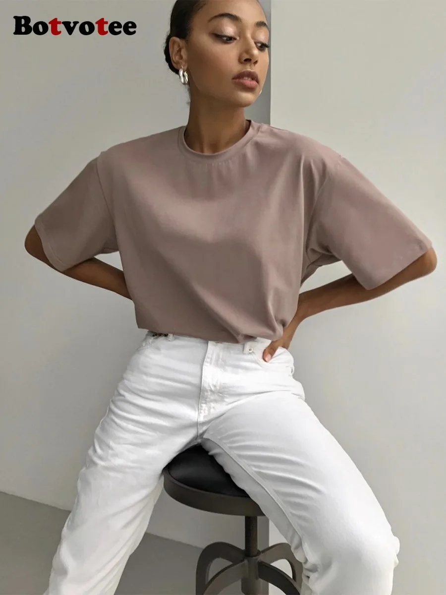 Botvotee الصيف المتضخم الأساسية Soild تي شيرت للنساء Ins موضة 21 ألوان 100% القطن أبيض أسود وردي تي شيرت بلايز عادية #4