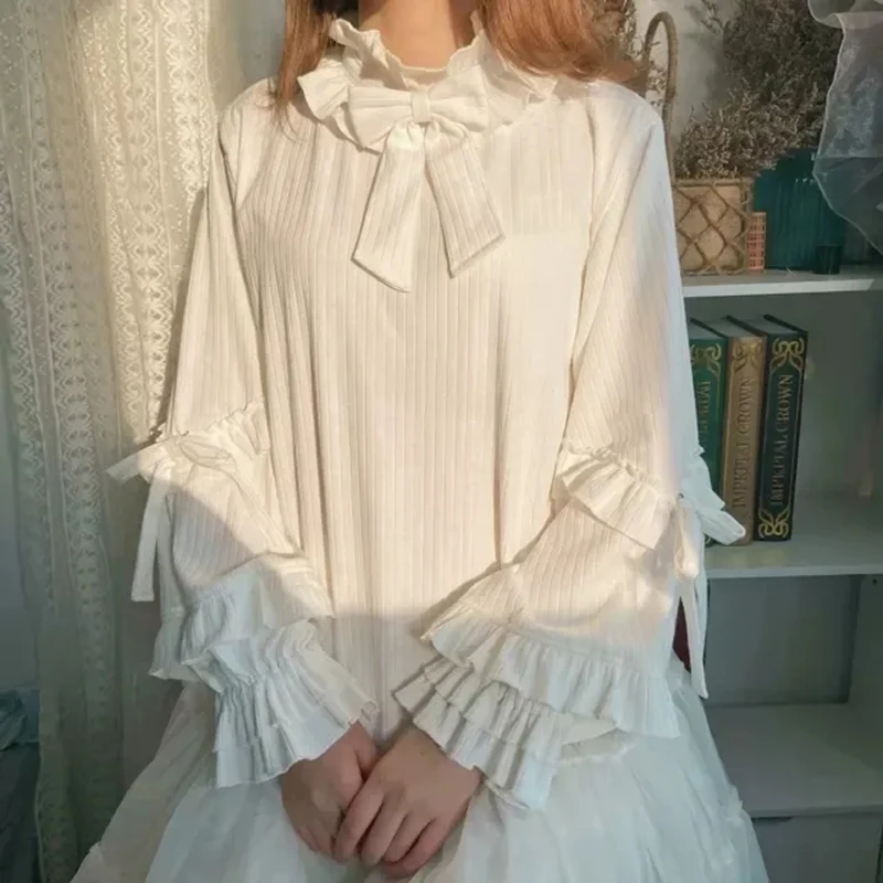 

Japanese Lolita Women Shirt Sweet Ruffles Bow Puff Sleeve Kawaii Knitted Blouse Fall Loose Peter Pan Collar Cute Bottoming Tops