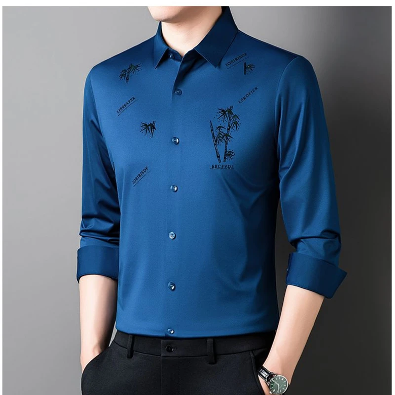 Winter Plus Fleece Men Long Sleeve Shirts Anti-Wrinkle Business Thicken Print Cootrast Color Lapel Ingle-breasted Casual Tops