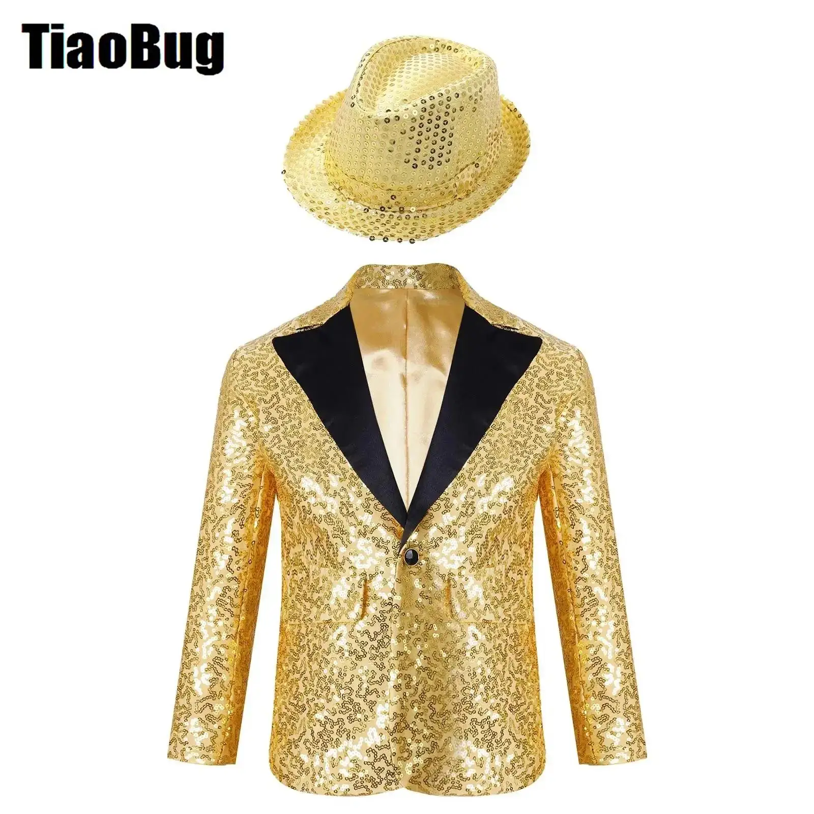 Kids Boys Shiny Sequins Dance Sets Lapel Single-breasted Tuxedo Suit Jacket Coat with Fedora Hat for Performance Banquet Party