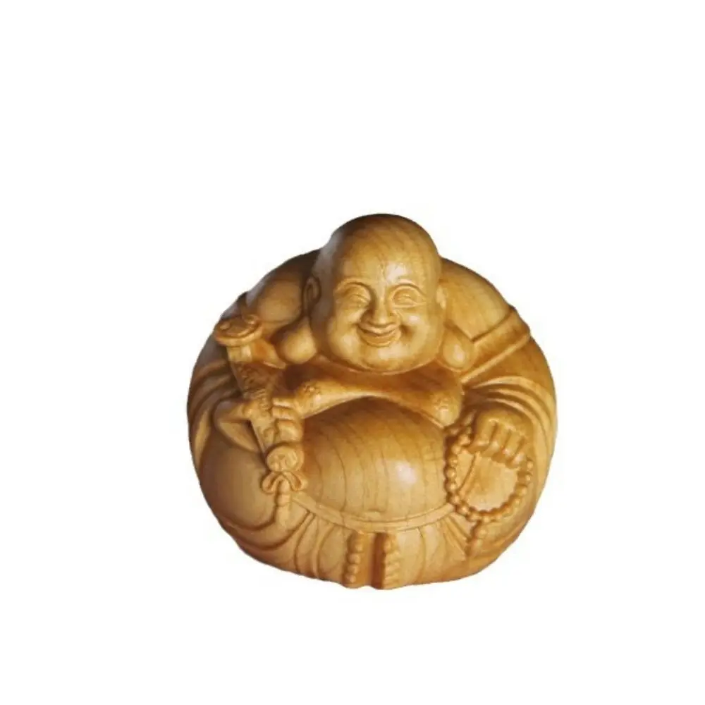 Miniature Laughing Buddha Statue Traditional Smiling Wooden Buddha Sculpture Feng Shui Wealth Mini Buddha Ornament