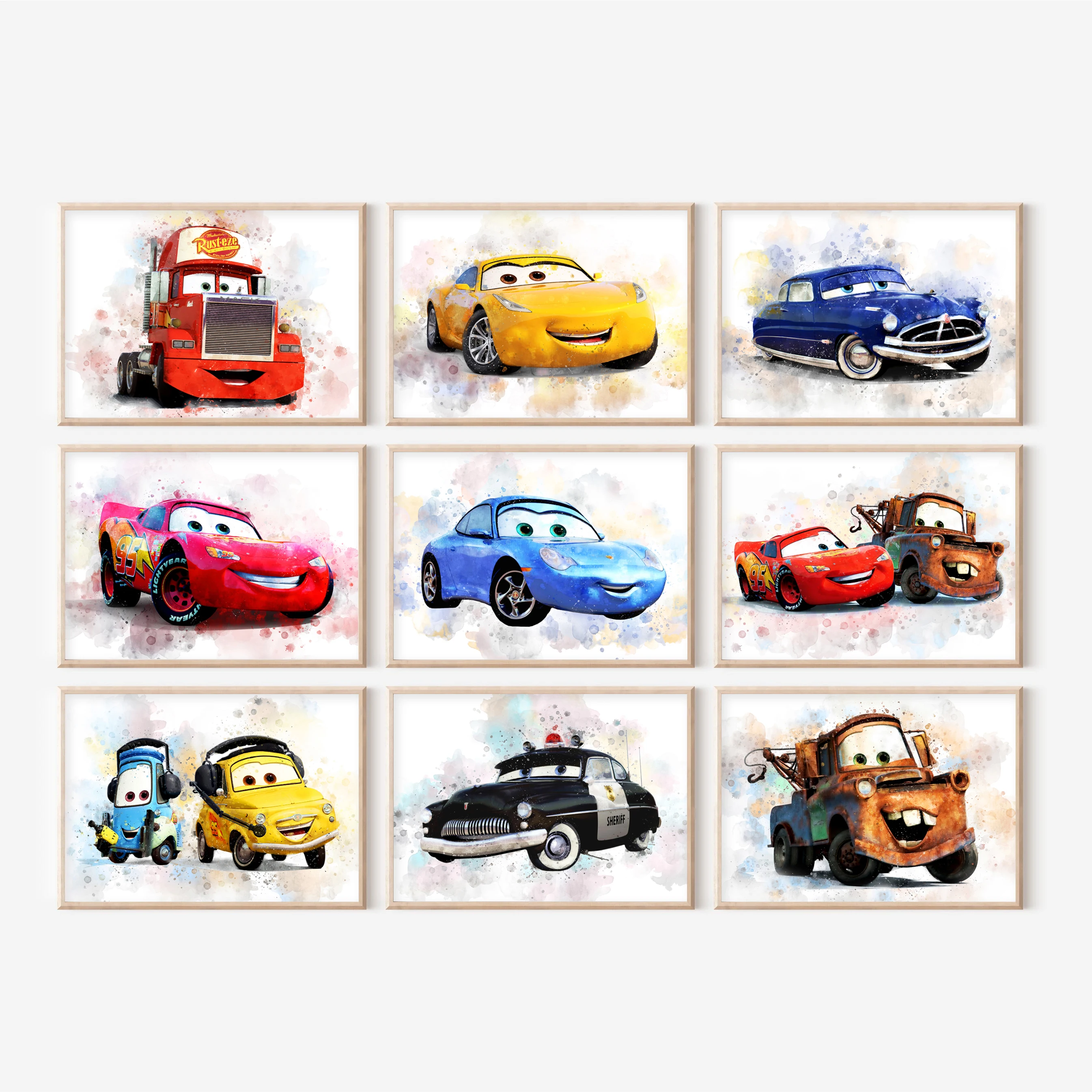 Lightning McQueen Cars Kunstdrucke, Aquarell-Poster, klassische Autos, Film-Leinwandgemälde, Wanddekoration für Jungenzimmer, Geschenk für Jungen