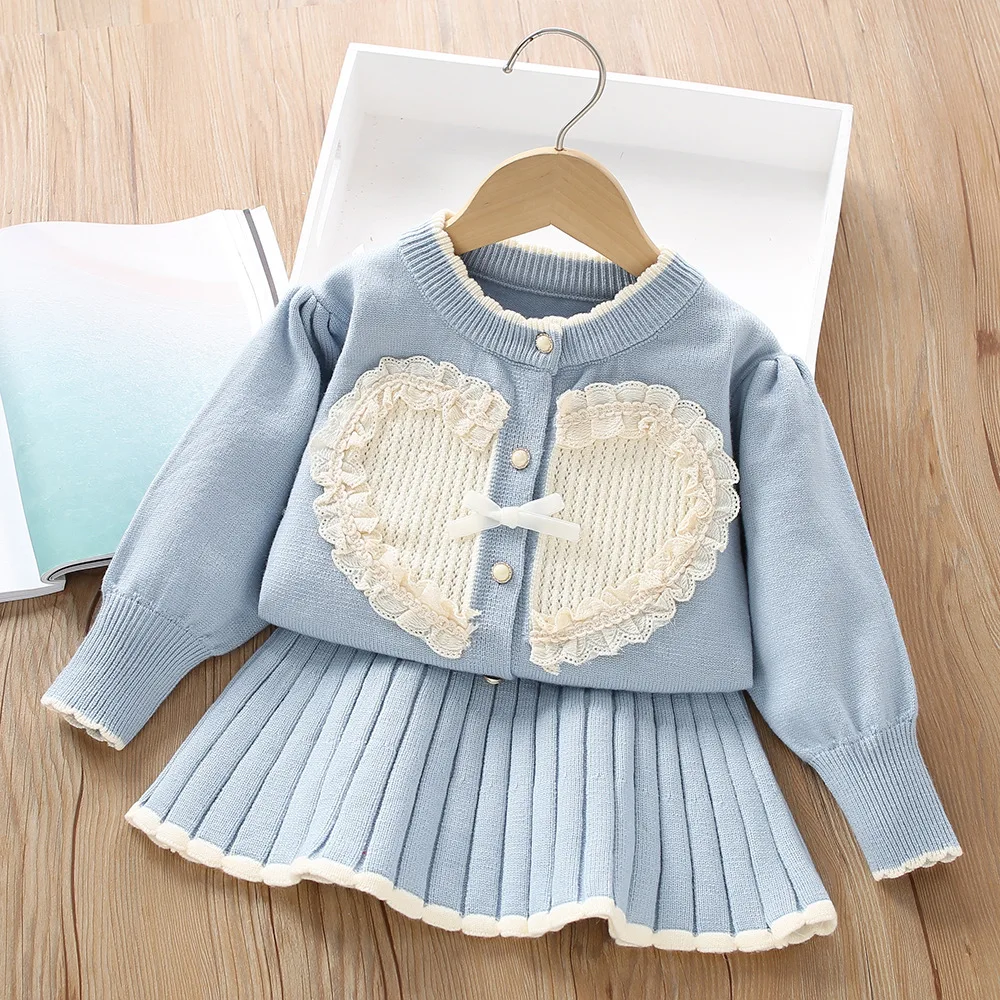 

Girls Knitted Clothes Sets Spring Autumn Children Woolen Jersey Sweaters Tops Skirts 2pcs Dress Suit For Baby Party Outfits Kids