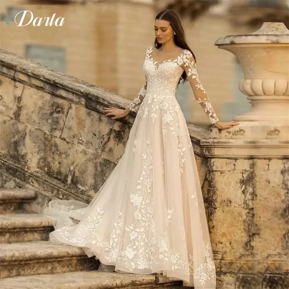 Darla A Line Tulle Wedding Dress 2025 O-Neck Long Sleeves Lace Up Lace Applique Bridal Gown Sweep Train Robe Customized