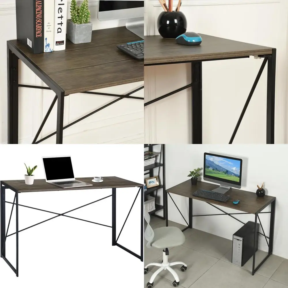 

Space-Saving Foldable Desk: Metal Frame, 47.2, Brown, No Assembly Needed for Home Office Use
