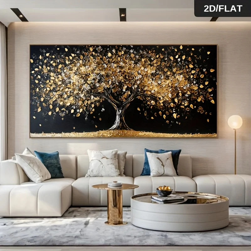 Frameless Modern Abstract Golden Tree of Life Canvas Wall Art Black Golden Luxury Painting for Living Room Large Home Decoration