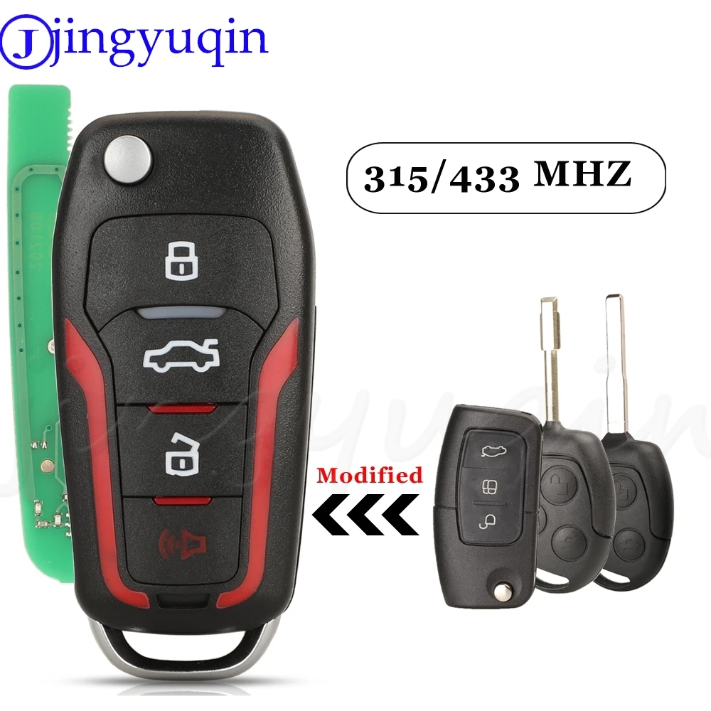 

jingyuqin 10pcs 4 Buttons Modified Remote Key 315/433Mhz For Ford Focus Fiesta Transit Mondeo Fusion With HU101/FO21 Blade