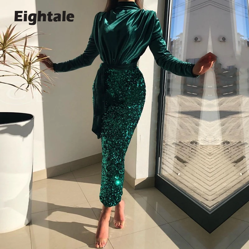 

Eightale Velvet Formal Evening Dress High Neck Sequined Mermaid Prom Gown Tea Length Women Celebrity Party Dress robe de soirée