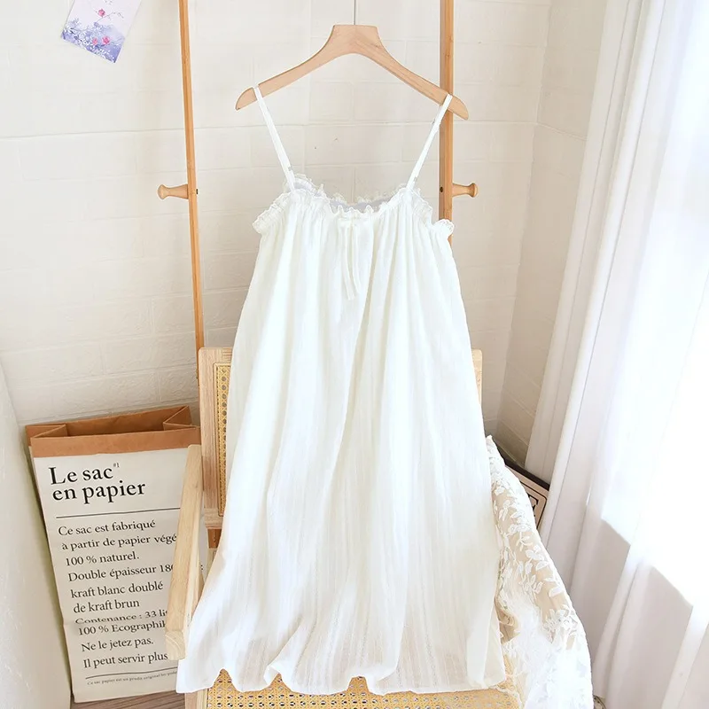 

2026 Summer New Women's Sleepwear 100% Pure Cotton French Chiffon Sleeveless Bodysuit Thinskin Cute Nis Style Mid-Length Dress