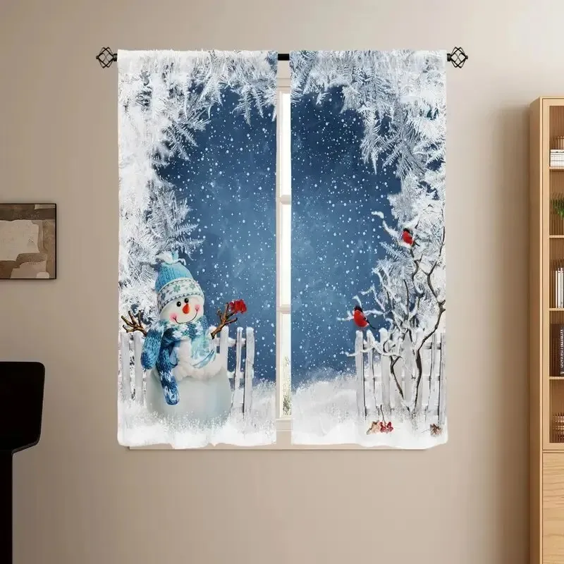 2PCS Digital Print Curtains, Snowman Blue Hat Scarf Red Birds Fence Snowy Forest, Winter Christmas for Living Room Bedroom Decor