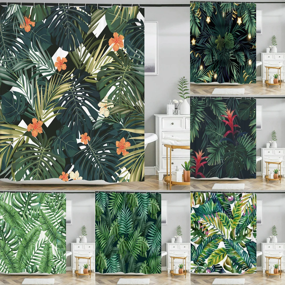 

Green Plant Leaves Shower Curtain Flower Fabric Waterproof Polyester Bathroom Curtain Accessories Bath Screen Decor for Bathtub