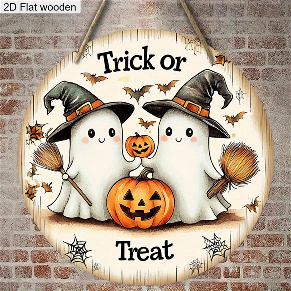 2D Flat Wooden Sign, 1pc Halloween BOO Cute Pumpkin Wooden Decoration - Friendly Ghost And Jack-O'-Lantern Pattern - Recycled Wo
