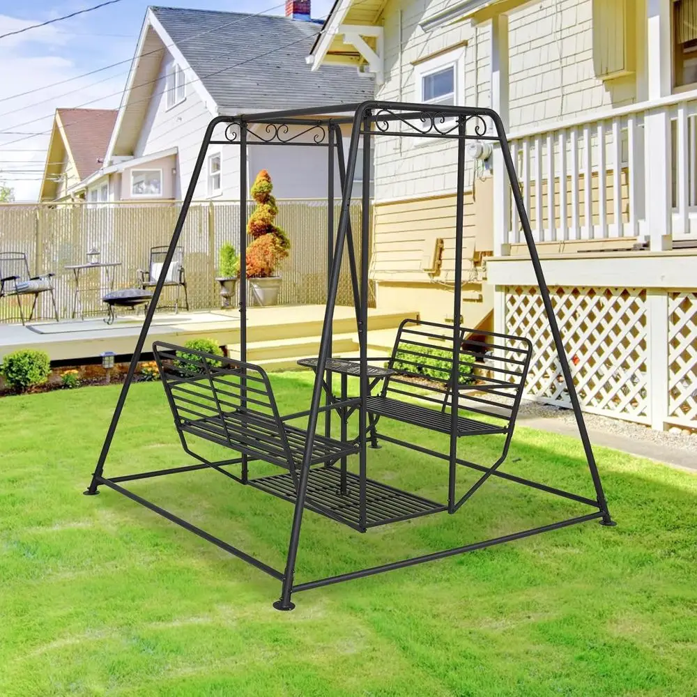 

Black Heavy-Duty 4-Seat Patio Swing with Backrest, Table, and Stand for Outdoor Garden, 87 Tall