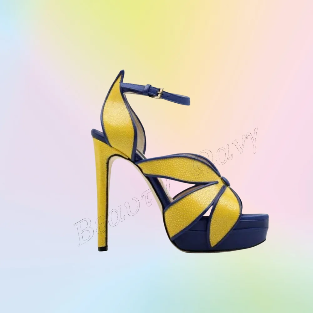 

Желто-синие босоножки с цветочным чехлом, туфли на каблуке с круглым носком и пряжкой, женские туфли на тонком высоком каблуке, 2025 Zapatos Para Mujere