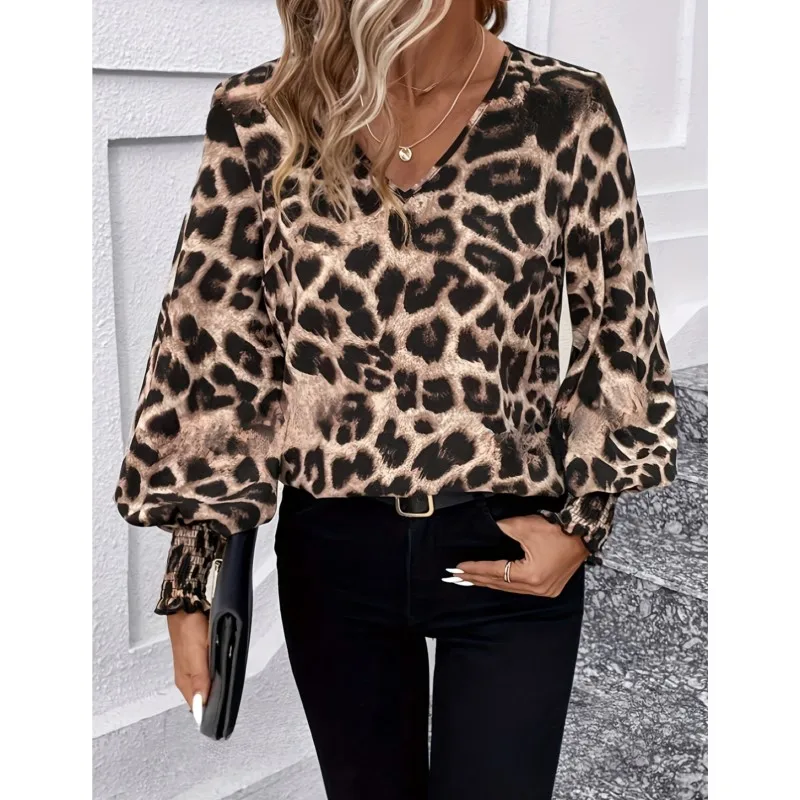 New Shirts Leopard Print Women's Fashion Commuting Casual Loose Lantern Sleeve Print V-neck Blouse Lady Clothes 2024 Autumn Tops