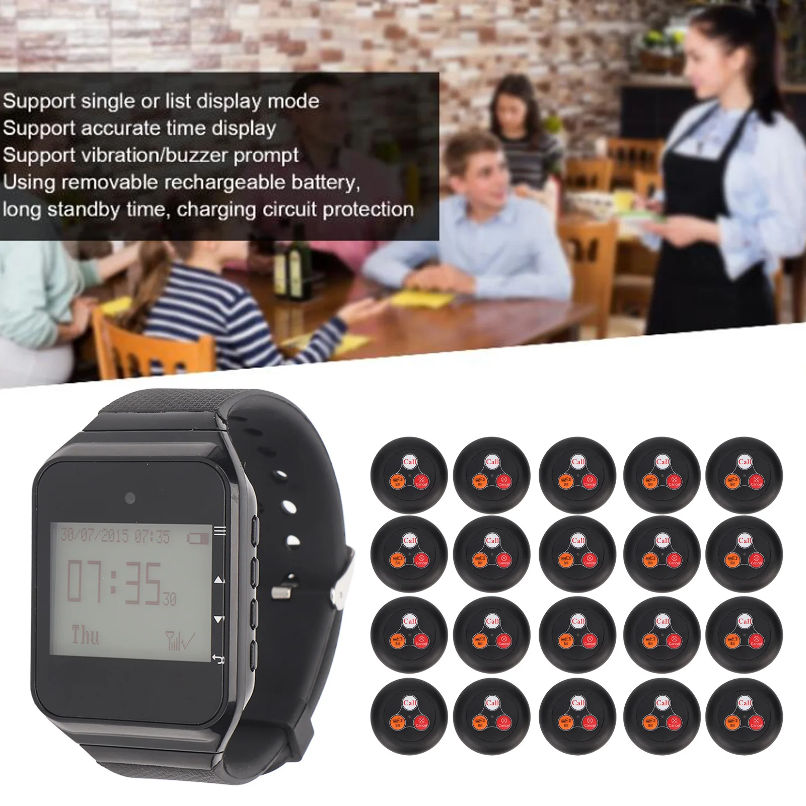 Wireless Watch Calling System Watch Pager 20 Call Buttons LCD Display Rechargeable Wireless Watch Calling System Caregiver Pager
