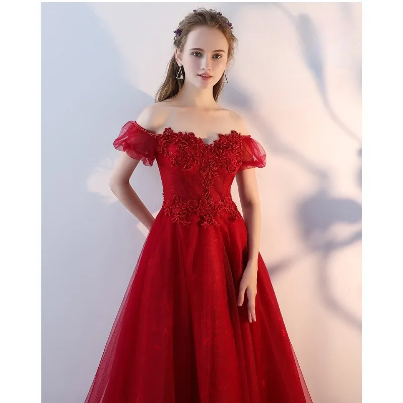 2025 nuevo vestido de noche de cintura alta de malla bordada de otoño para mujer aspecto de moda cubierta fina vestido largo de boda rojo del vientre