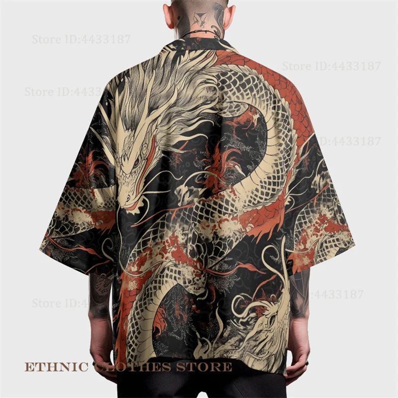 Men's Japanese Kimono Cardigan Dragon Print Black Kimono Loose Streetwear Harajuku Haori Cosplay Top Shirts Yukata 3XL 4XL 5XL