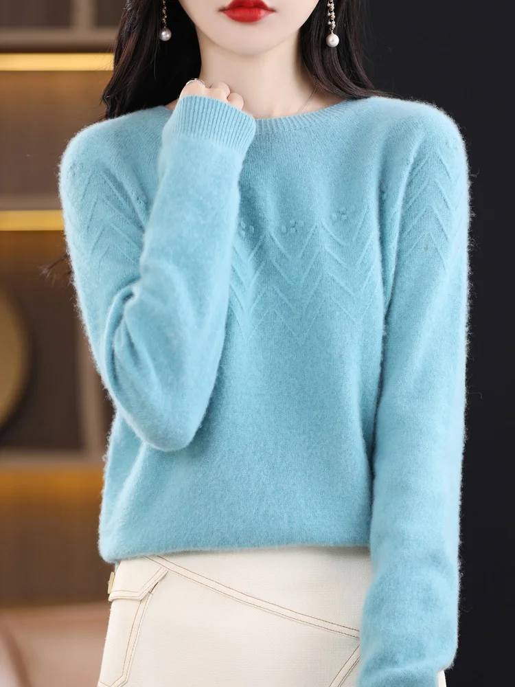 Autumn Winter Women’s O-neck Sweater Pullover 100% Merino Wool Knitwear Raglan Sleeve Comfortable Grace Vintage Clothing Tops