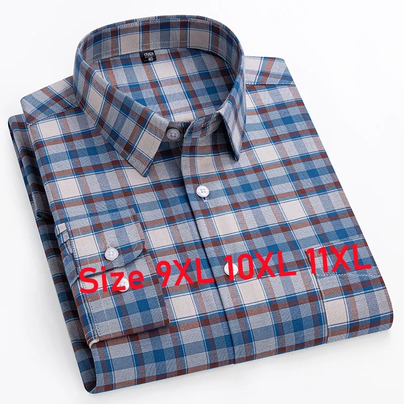 New Men\'s Shirt Long Sleeve 100% Pure Cotton Oxford Shirts Plaid Regular Fit Casual Soft Male Blouse Clothes 11XL 10XL 9XL 8XL