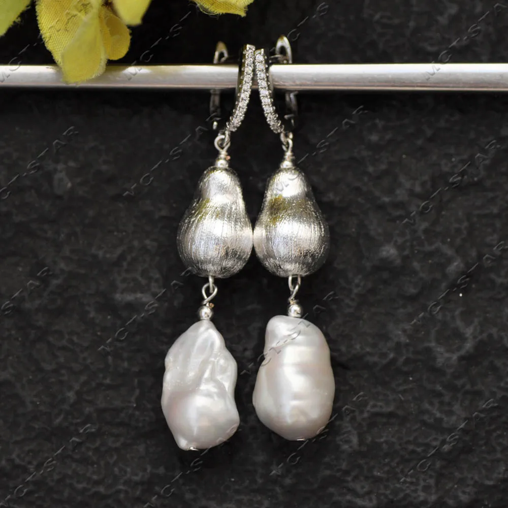 

Z14390 2.5" 22mm White Baroque Keshi Reborn Pearl Silver-Pea Dangle Earring CZ
