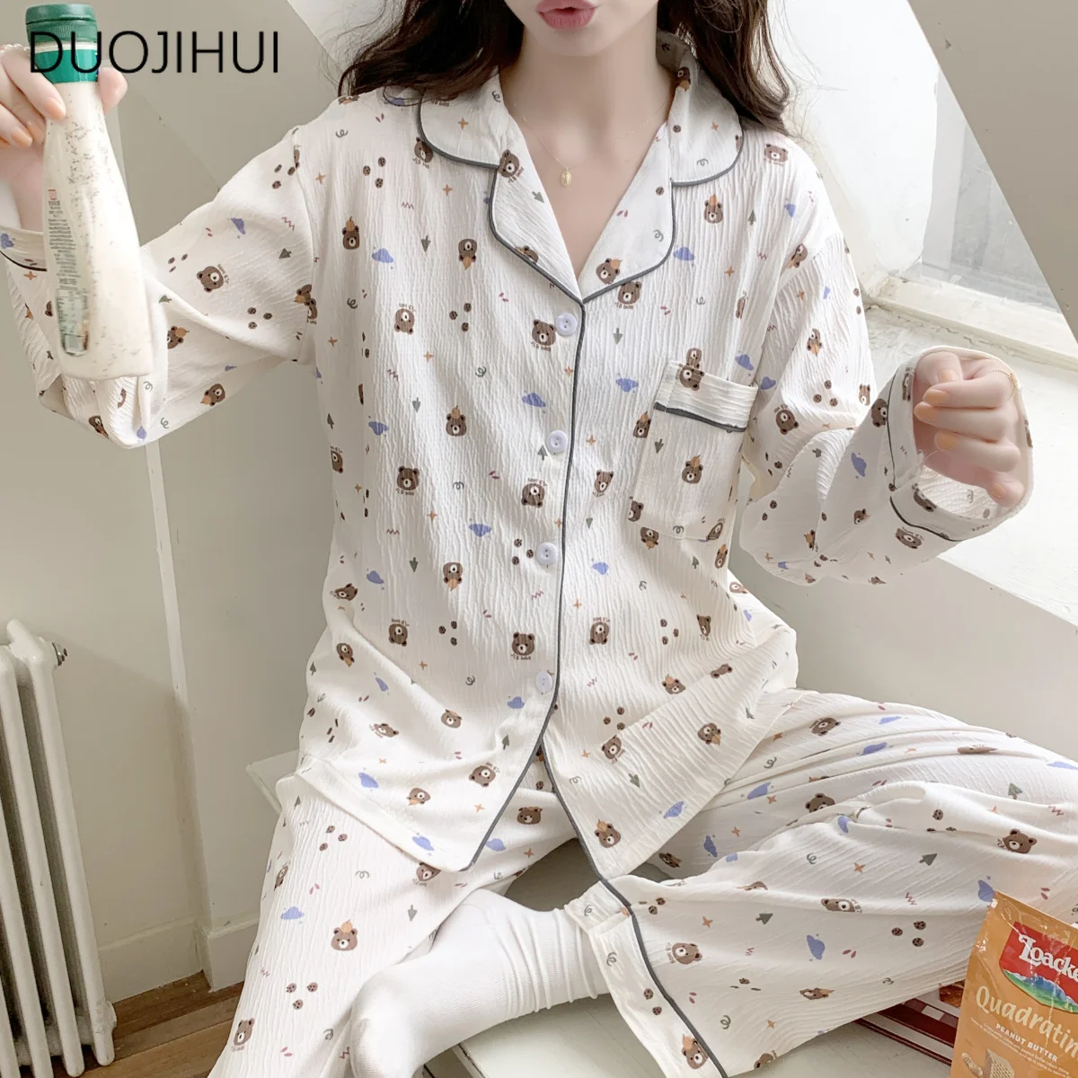 DUOJIHUI Spring Sweet Two Piece Casual Home Pajamas for Women Chic Button Cardigan Basic Pant Fashion Simple Female Pajamas Sets