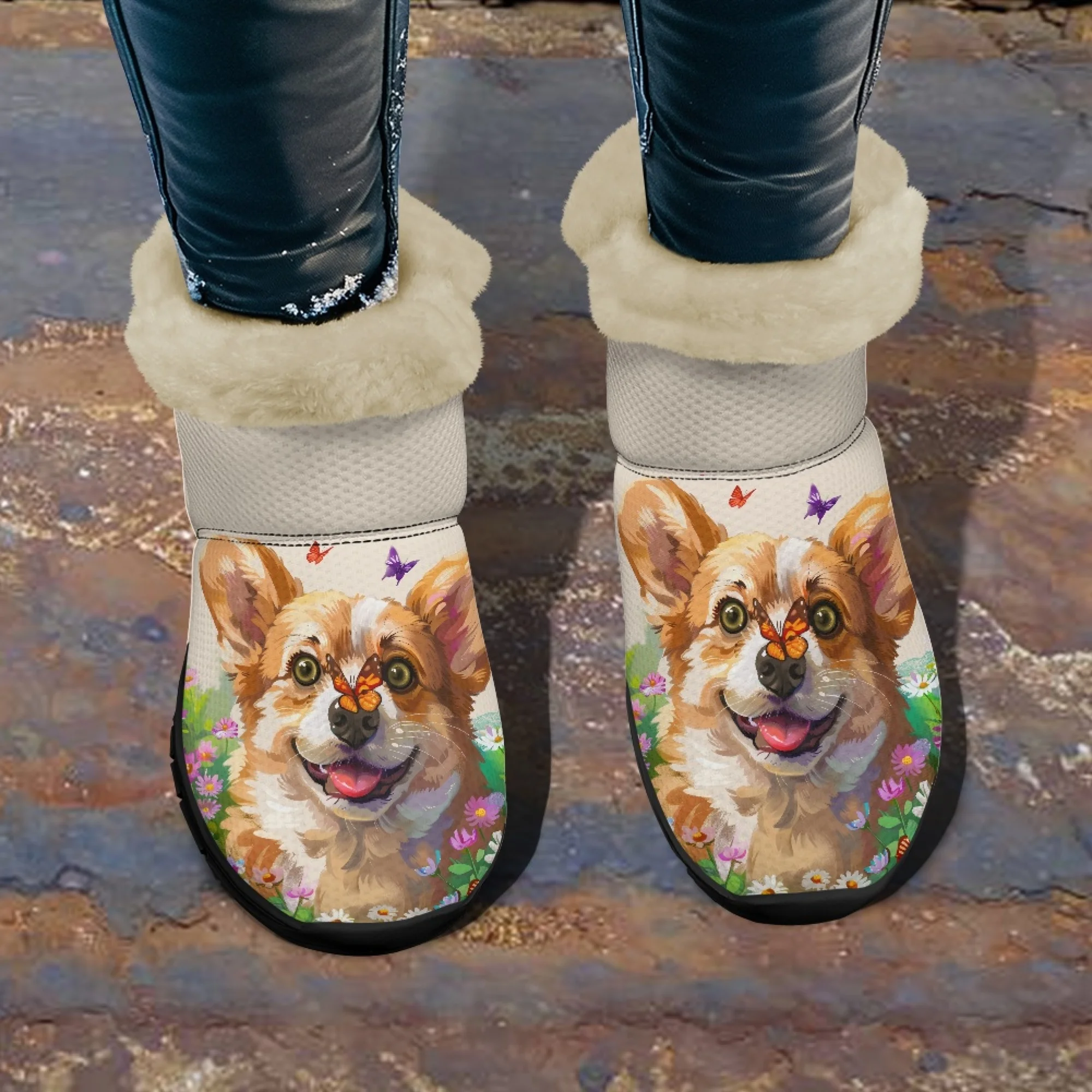 ELVISWORDS Cute Cartoon Corgi Pattern Warm Winter Boots Women Furry Boots Snow Short Boots Short Plush Lining Warm Shoes