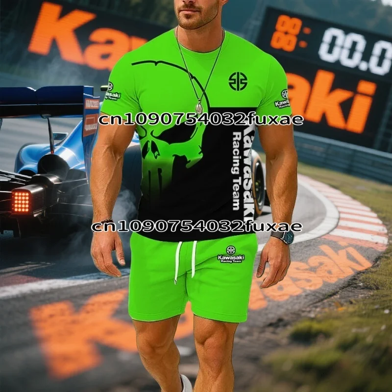 

Лето 2026, новинка Kawasaki, повседневная спортивная одежда для мотоциклистов, дышащая футболка и шорты, удобный крутой комплект из двух предметов