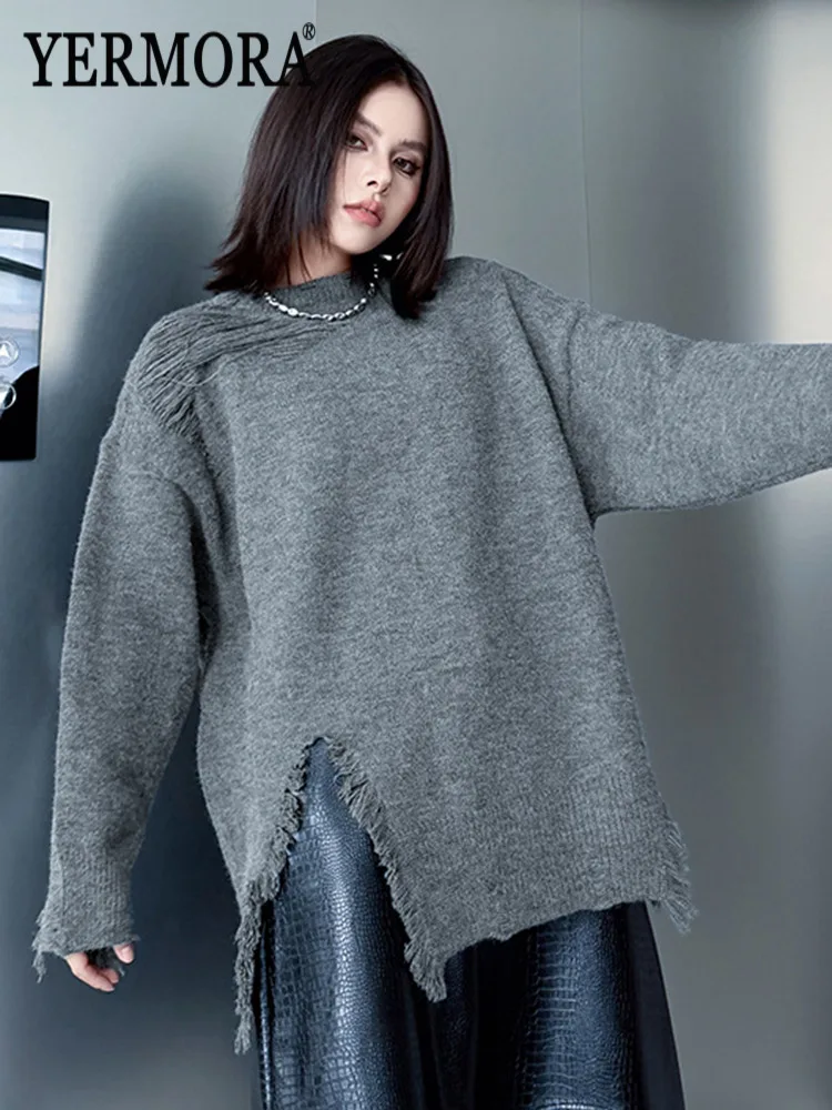 

YERMORA Gray Slit Tassel Casual Pullover For Women O-Neck Long Sleeve Loose New Sweater Fashion Tide Autumn Winter 2025