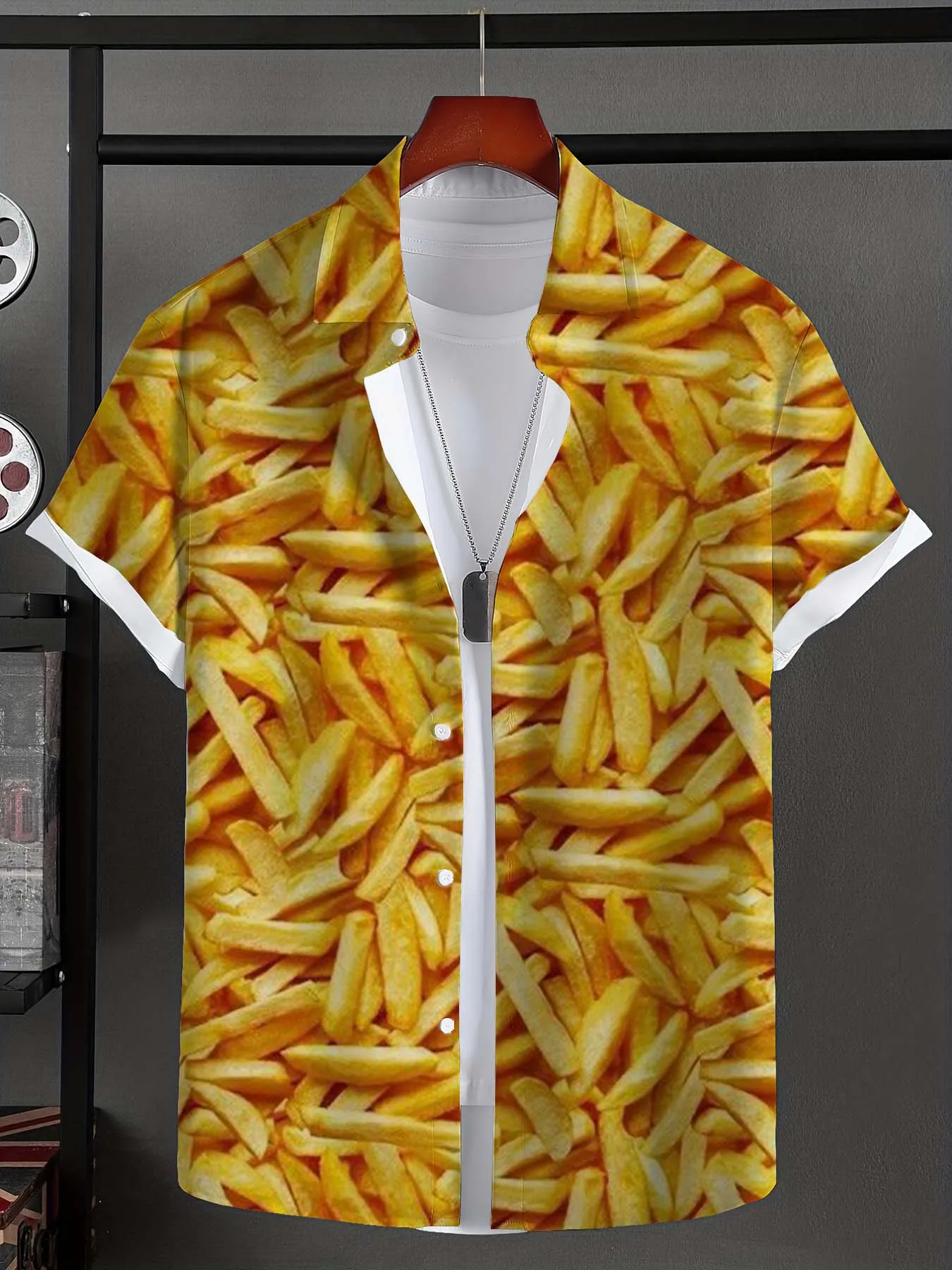 Hawaiian Shirt For Men Funny Snack pattern 3D Printed Short Sleeve Shirts Summer French fries Tops Oversized Men Clothing