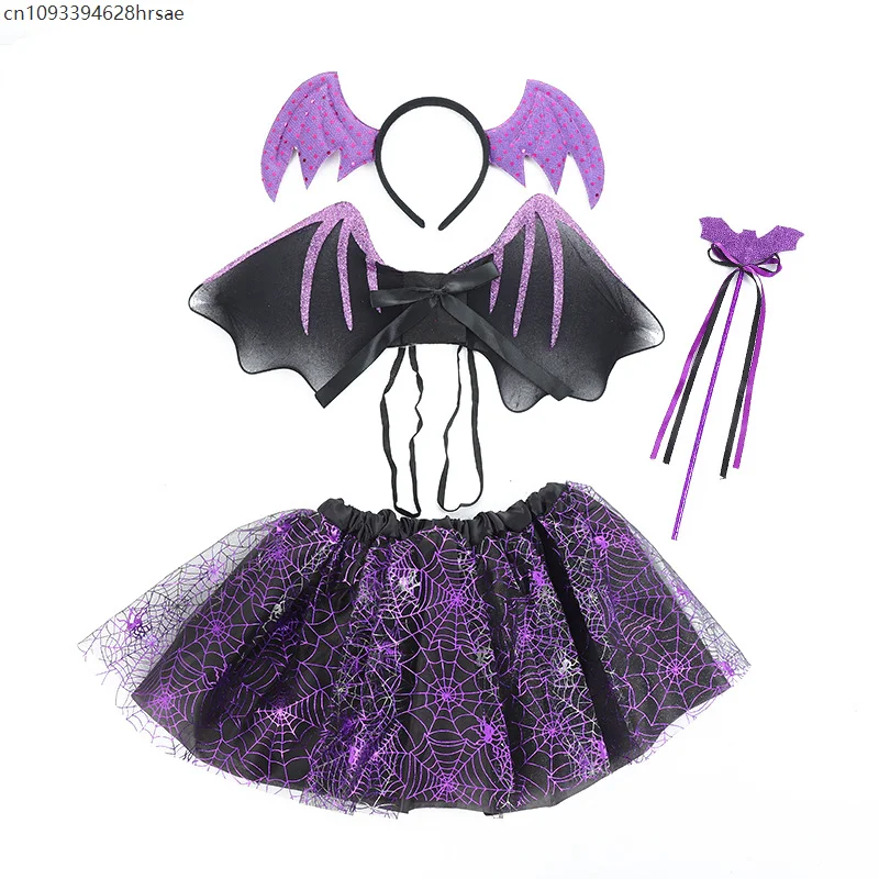 الفتيات الأرجواني الخفافيش فستان بتصميم حالم شبكة العنكبوت الساحرة الطفل العنكبوت مجموعة هالوين زي 2025
