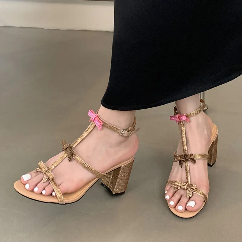 Fashion Bling Square Heels Pumps Shoes For Women 2024 Female Butterfly-Knot Footwear Ankle Strap Ladies High Heels Shoes