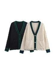 Women's Loose Knit Cardigan Sweater, Front Patch Pockets, Long Sleeve, V Neck, Female Outerwear, Chic Tops, Fashion