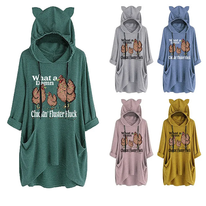 Winter new women's cotton fashion Christmas what a damn cluckin letter print retro casual cute cat ears hoodie