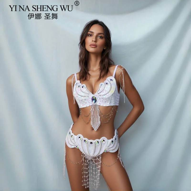 Ensemble de costumes de danse du ventre perlés pour femmes – Tenue sexy avec soutien-gorge et ceinture pour dames, parfaite pour les carnavals et les événements de danse du ventre