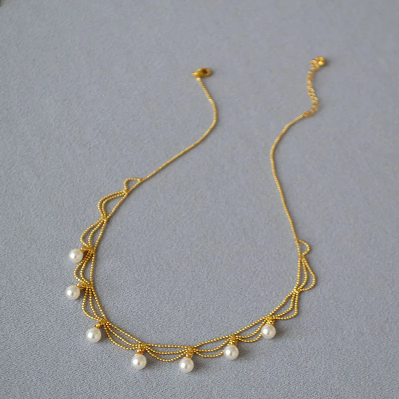 2025 High quanlity Shiny Gold plated chain necklace with artificial pearl pendant for new year