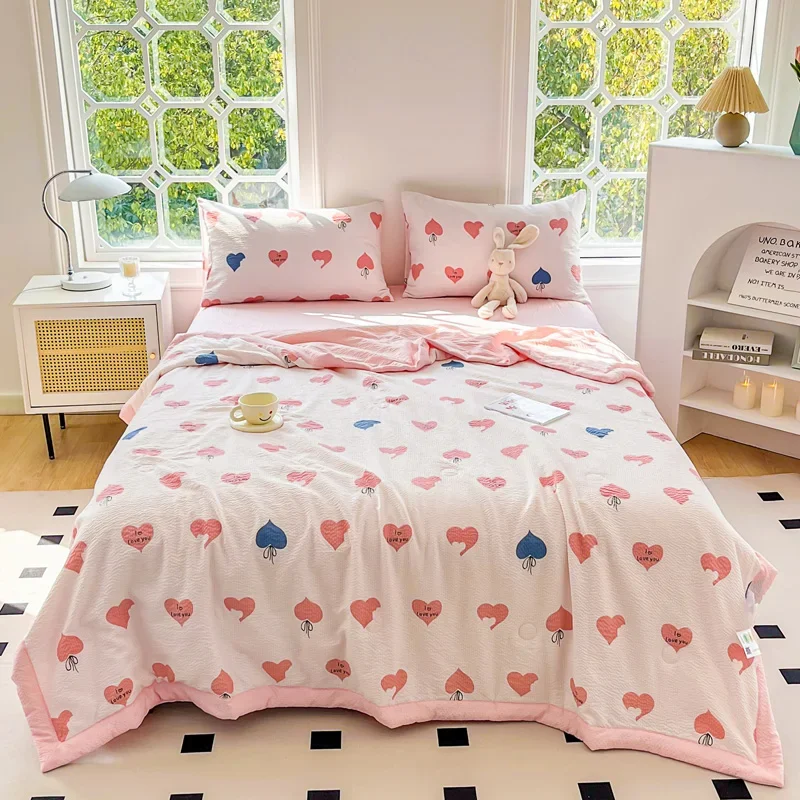 Cute Pink Love Hearts Seersucker Summer Quilt for Bare Sleeping Quilted Summer Blanket Airable Bed Cover Air Conditioner Quilts