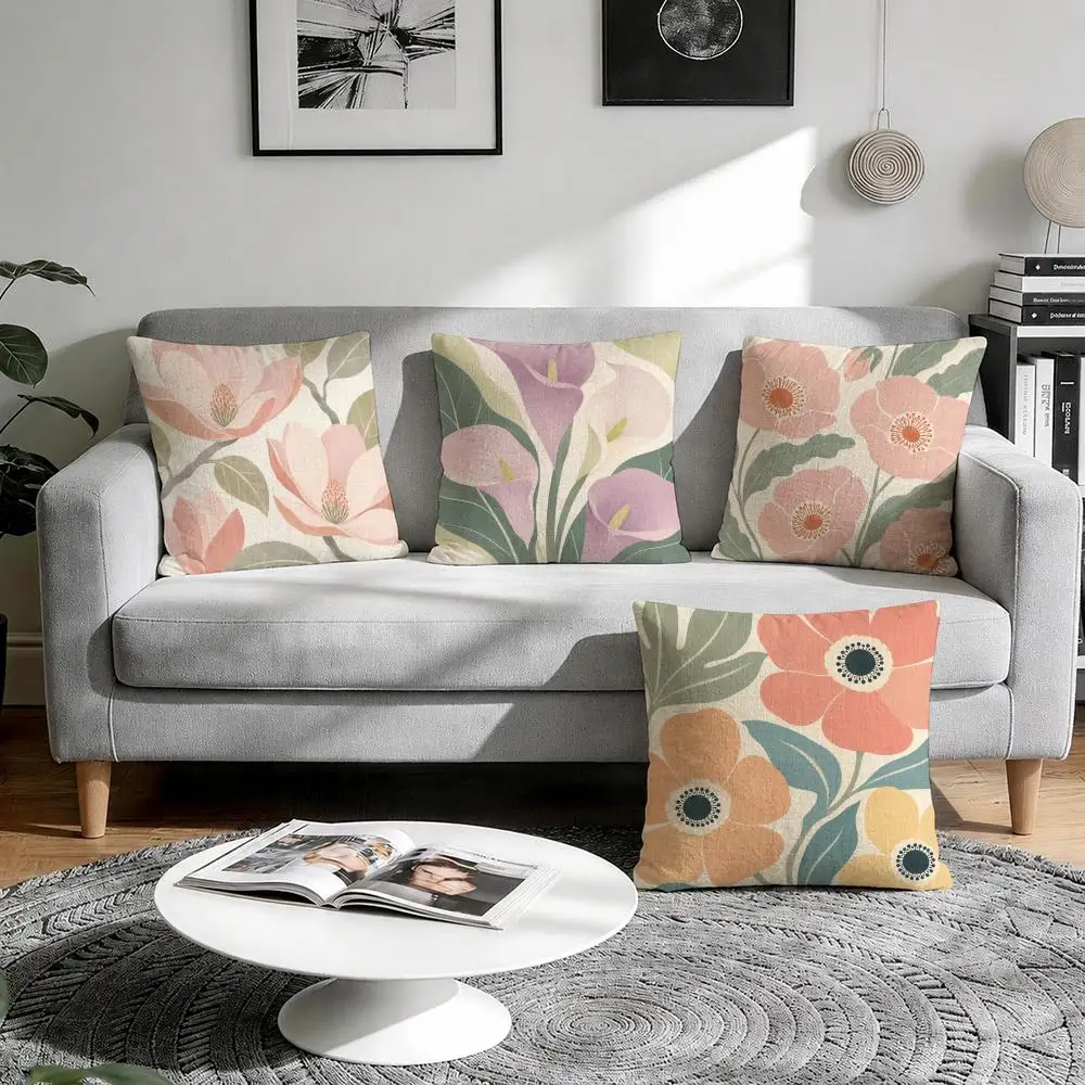 Beautiful Colorful flower pattern Cushion Cover Natural Breathable Durable Linen Printed Decor Pillow Case Sofa Bedroom