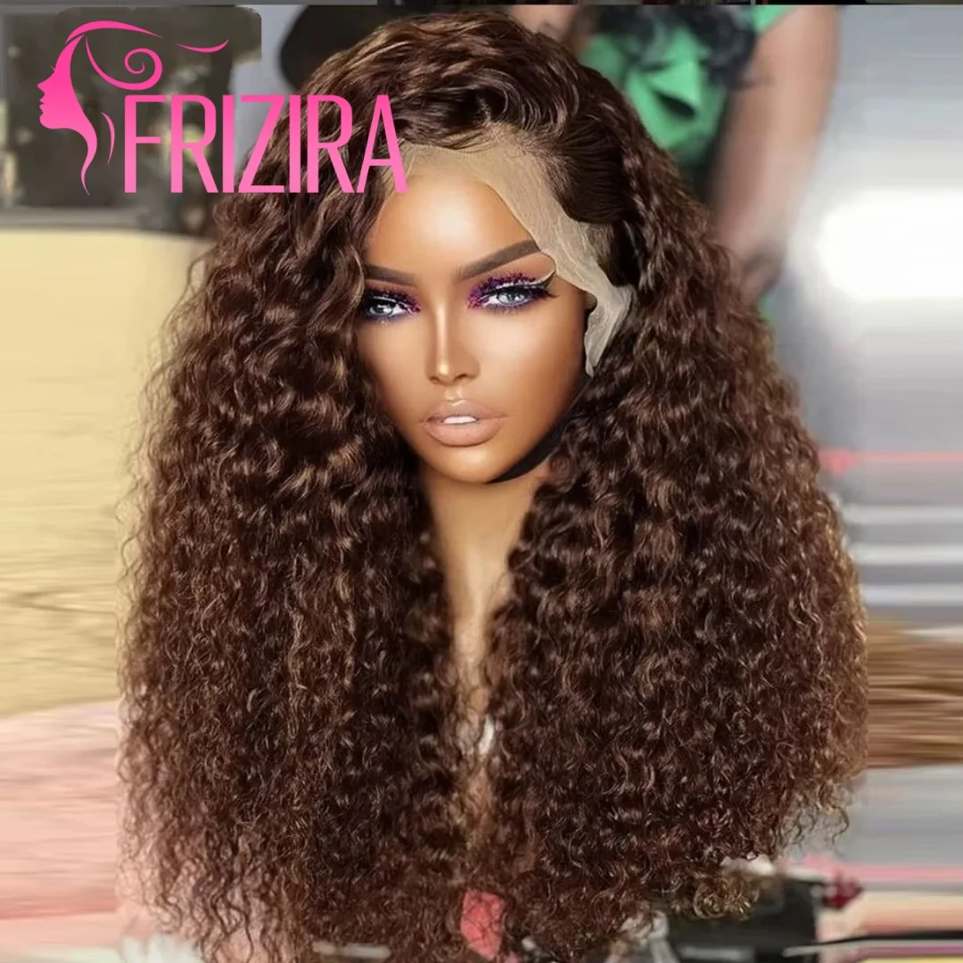 Perruque Lace Front HD 13x6 en cheveux humains colorés brun chocolat bouclés, pré-épilée, style Deep Wave brésilien brun
