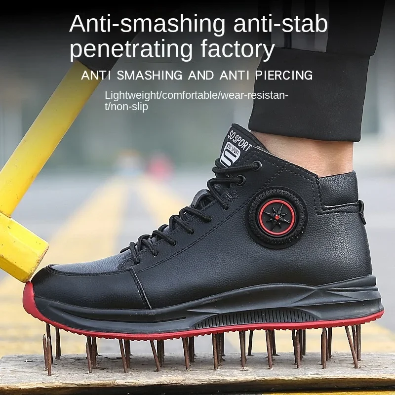 

Men Steel Toe Safety Shoes Leather Lace Up Mid Top Anti Smashing Anti Piercing Lightweight Industrial Work Shoes Drop Shipping