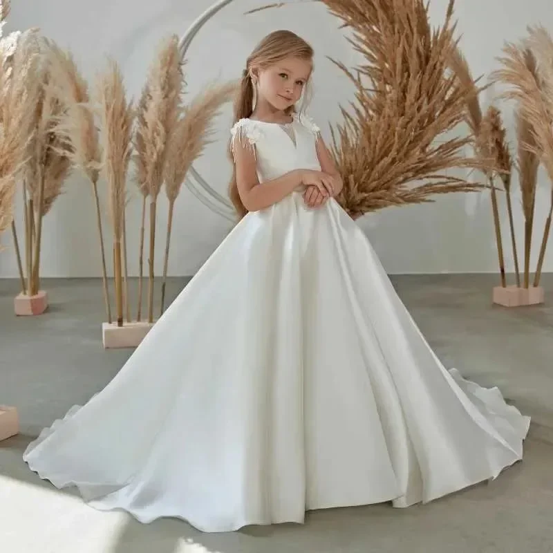Flower Girl Dresses for Wedding Satin Beaded Floor Length Girls Kids Birthday Princess Party Communion Party Gowns White Sequins