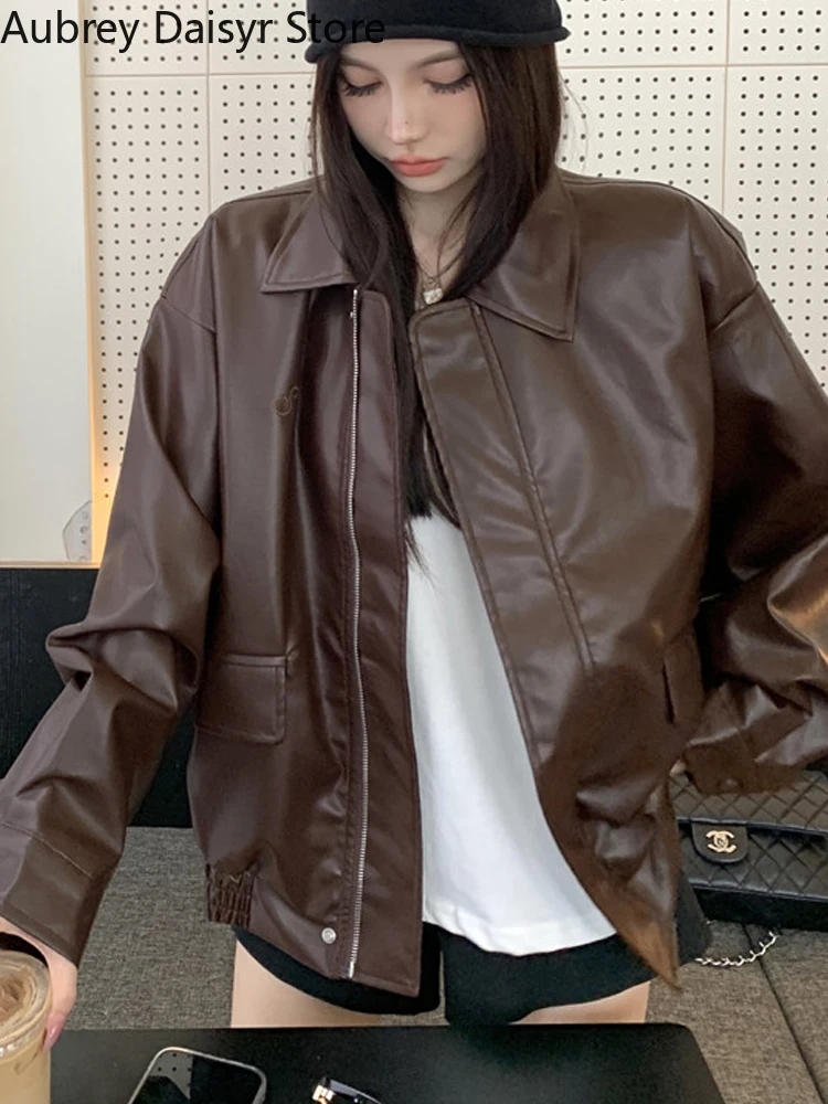 Streetwear Black Leather Jacket Women Winter High Street Biker Zipper Leather Coat Korean Fashion Loose Warm Faux Leather Jacket