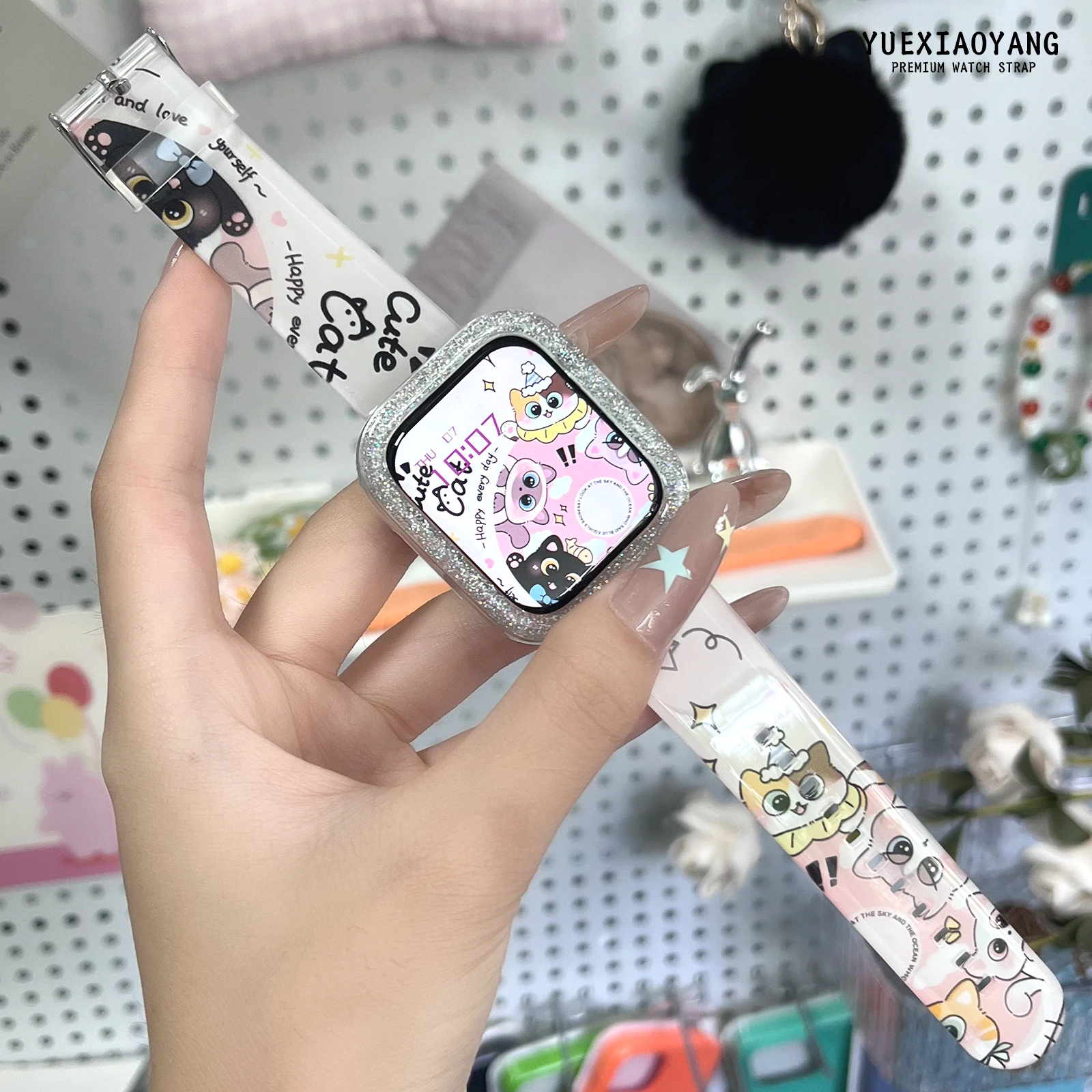 Correa con estampado de gato de dibujos animados para Apple Watch 10, 9, 8, pulsera reemplazable para iWatch de 46mm, 42mm, 41mm y 40mm