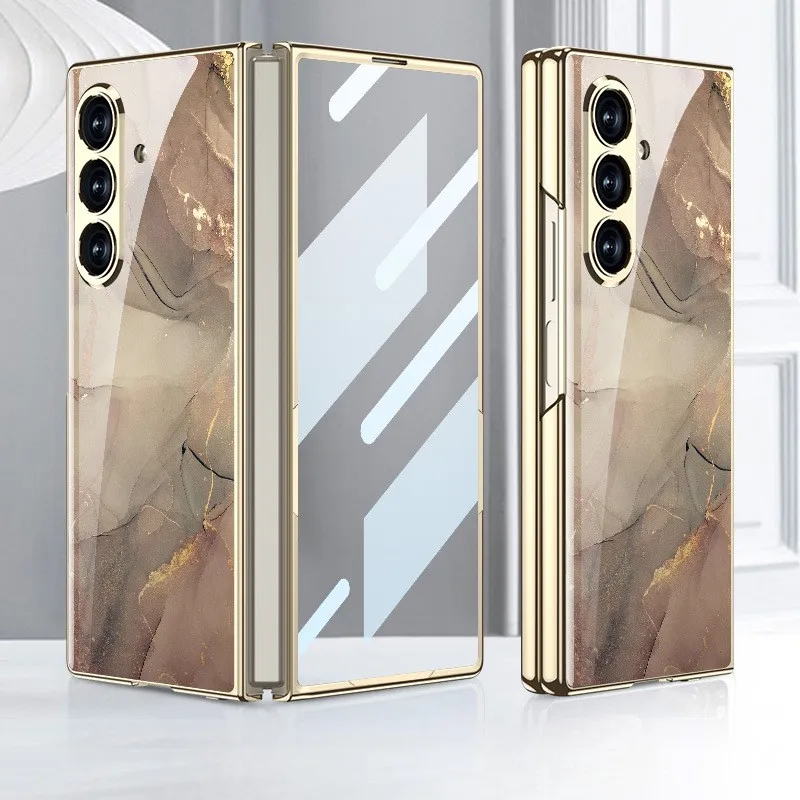 Für Samsung Galaxy Z Fold 7, plattierte Handyhülle aus lackiertem Glas, blau, stoßfeste Handyhülle, integrierter Displayschutz, Capa Funda